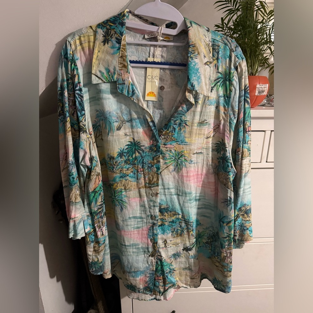 C&C California Pastel Tropical Camp Shirt in Teal & Pink